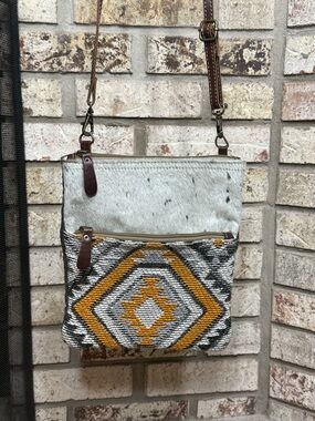 Myra Bag Cowhide and Woven Canvas/Leather Southwestern Small Crossbody Bag